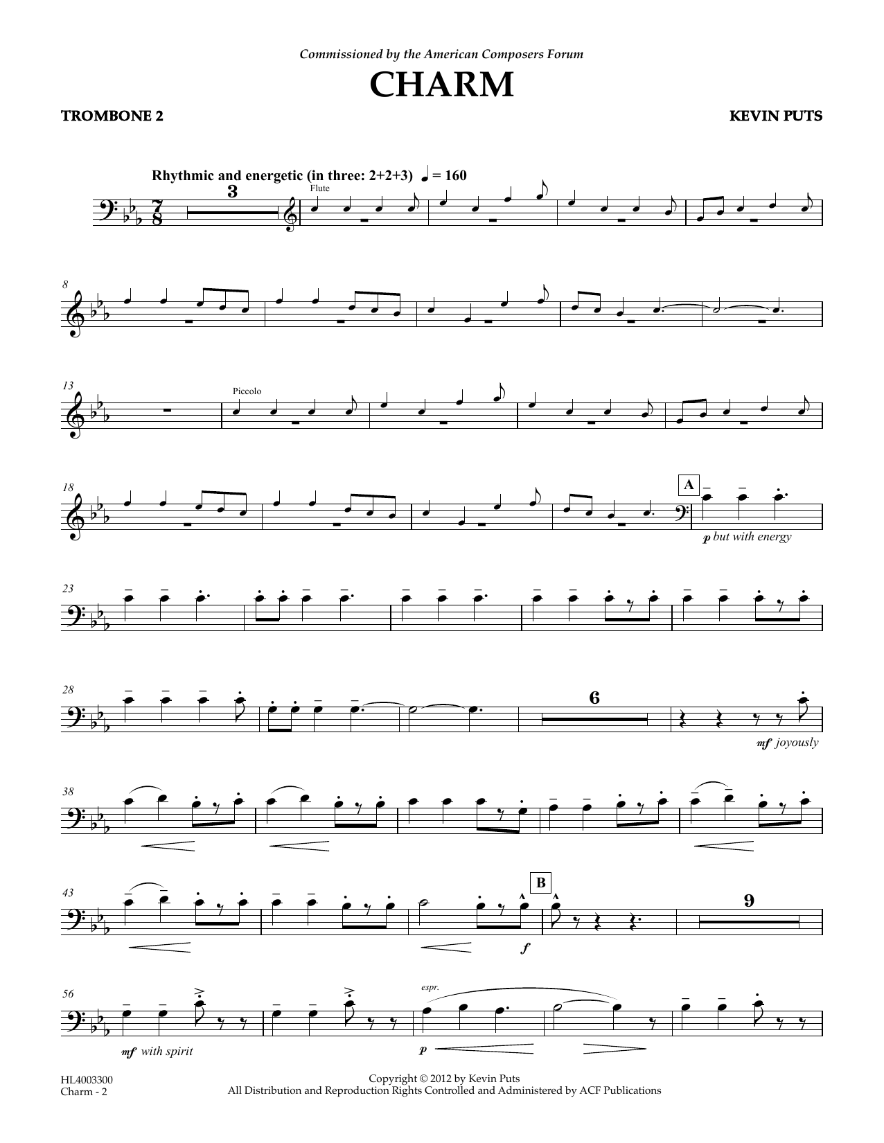 Learn to play Kevin Puts Charm - Trombone 2 sheet music for Concert Band in minutes. Price: 5.9900$ Kevin Puts Charm - Trombone 2 sheet music notes and chords arranged for Concert Band
