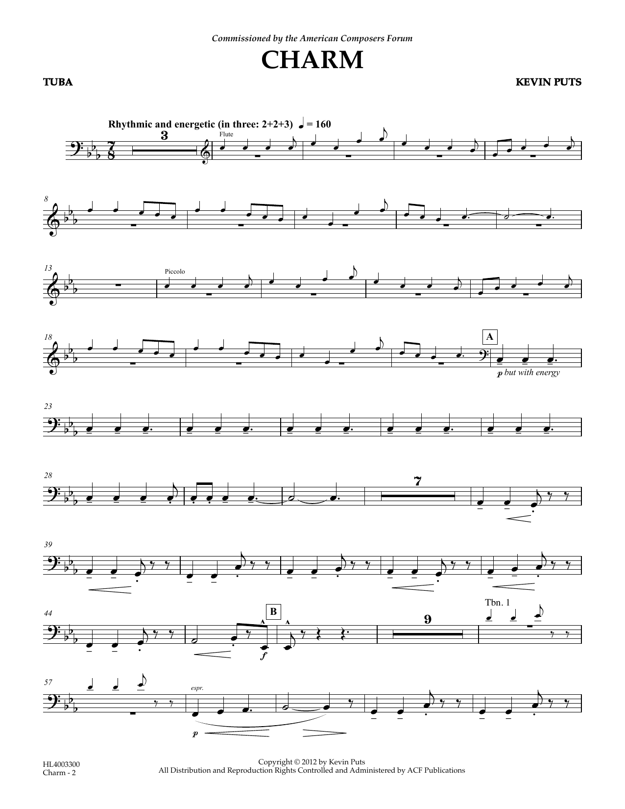 Kevin Puts Charm - Tuba sheet music notes and chords. Download Printable PDF.