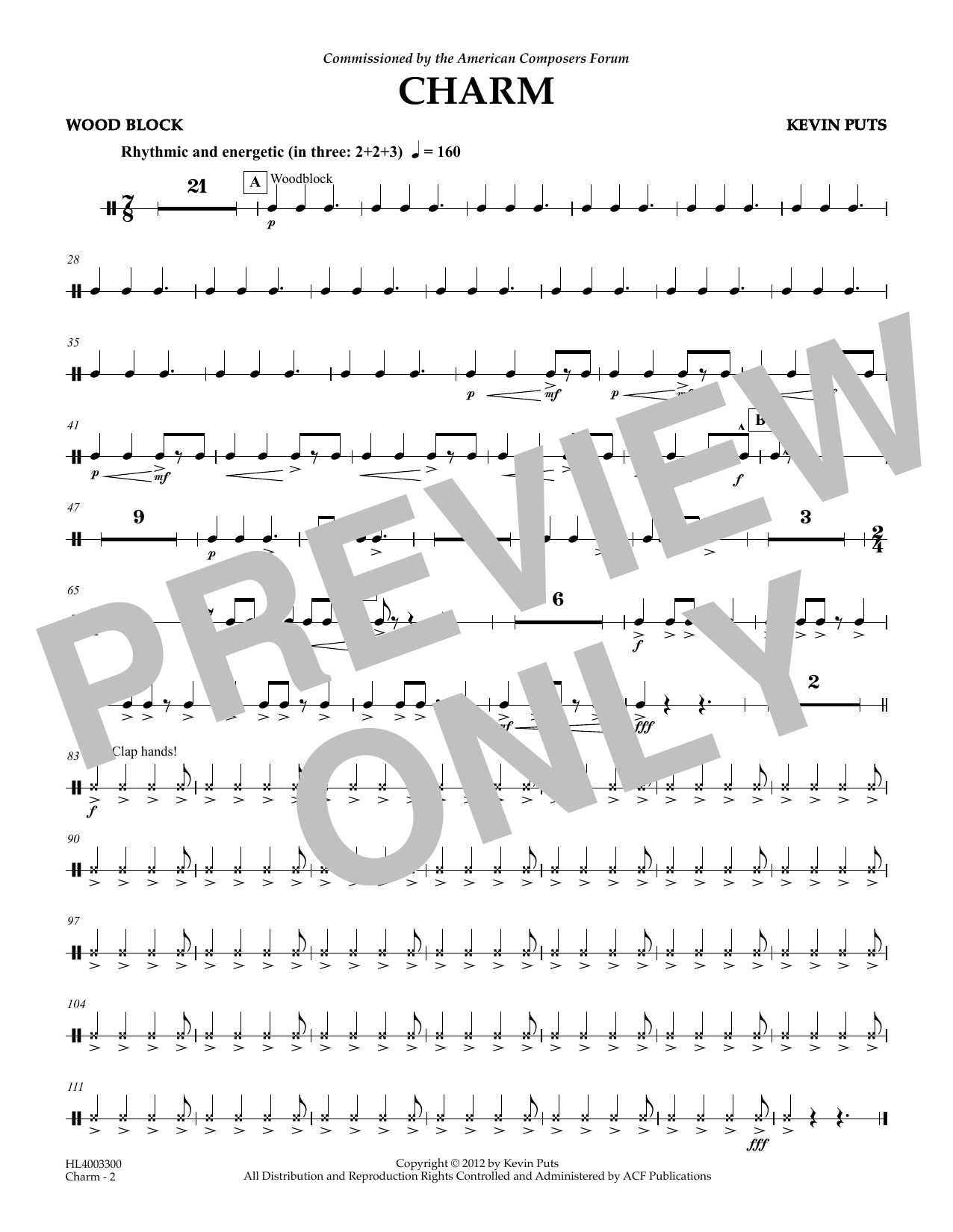 Kevin Puts Charm - Woodblock sheet music notes and chords. Download Printable PDF.