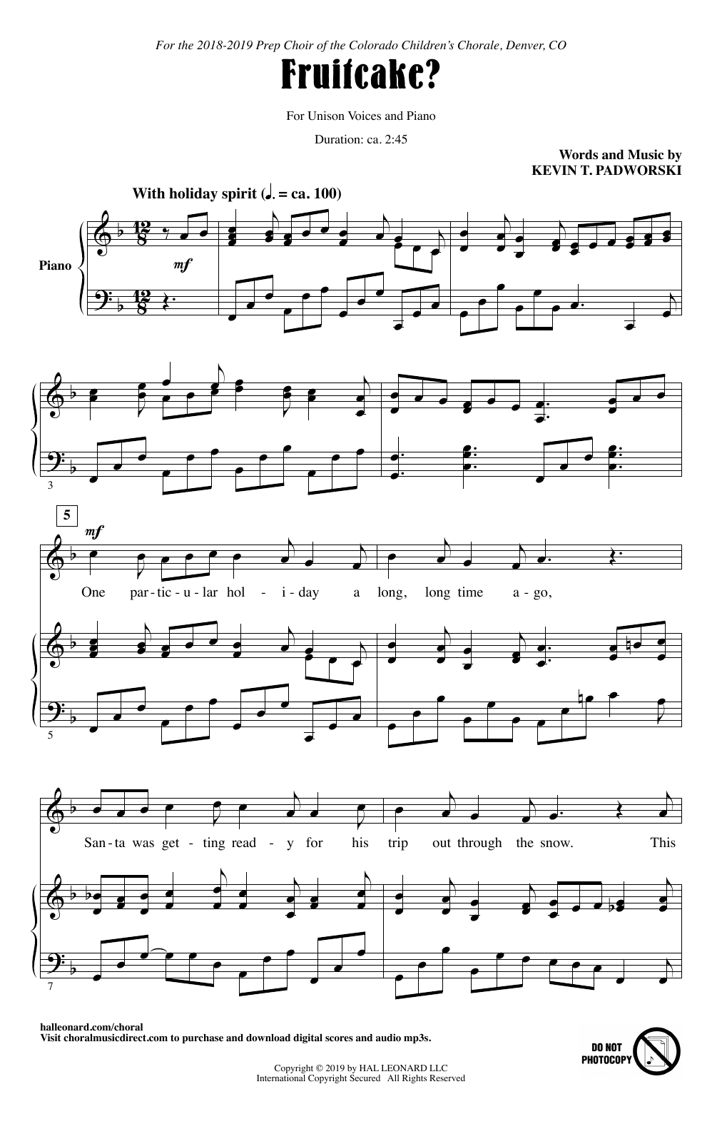 Learn to play Kevin T. Padworski Fruitcake? sheet music for Unison Choir in minutes. Price: 3.9900$ Kevin T. Padworski Fruitcake? sheet music notes and chords arranged for Unison Choir