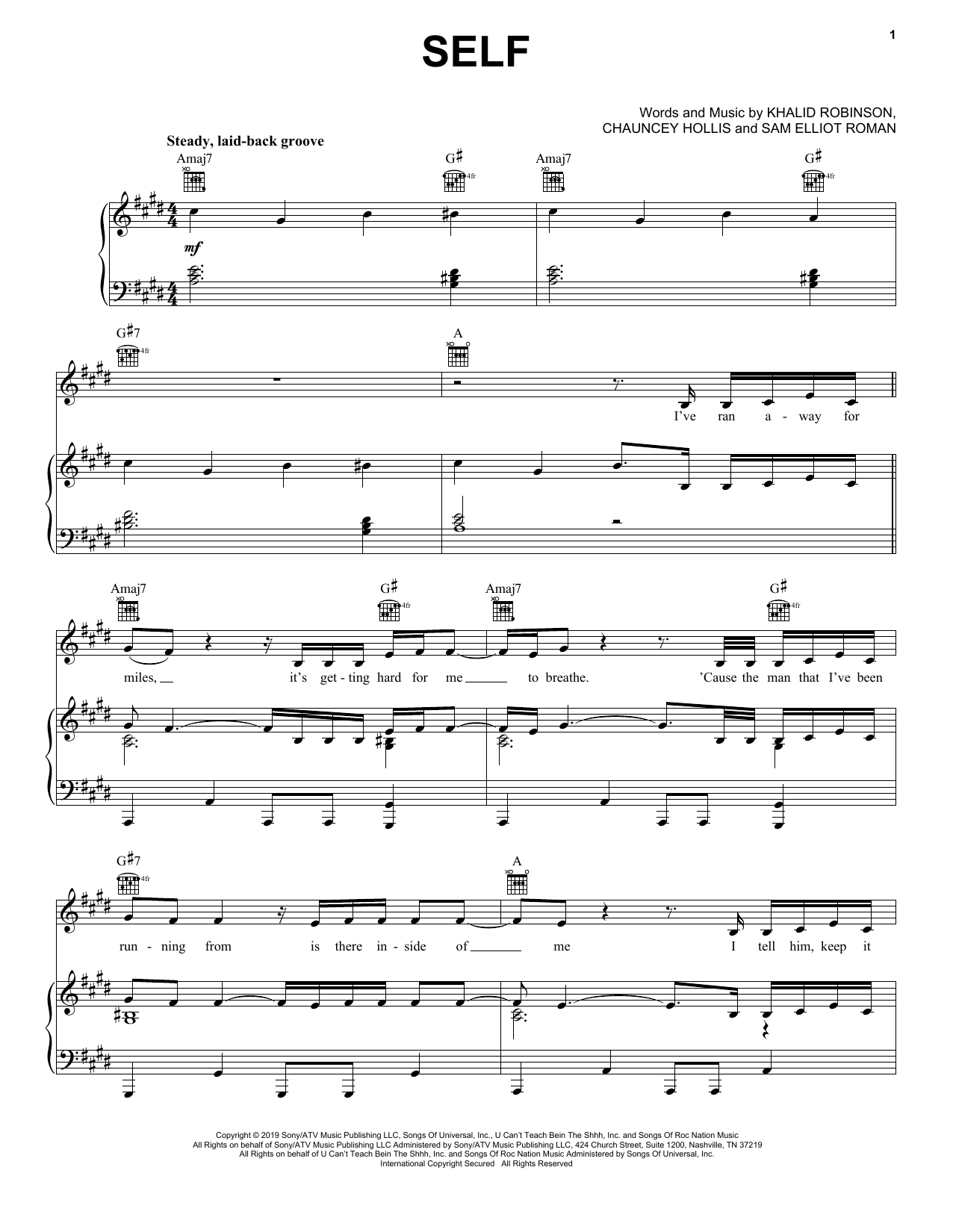 Khalid Self sheet music notes and chords arranged for Piano, Vocal & Guitar Chords (Right-Hand Melody)