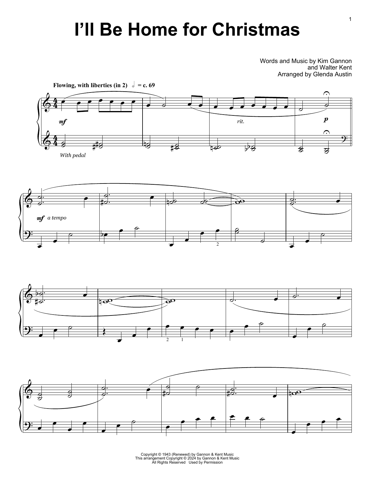 Kim Gannon & Walter Kent I'll Be Home For Christmas (arr. Glenda Austin) sheet music notes and chords. Download Printable PDF.