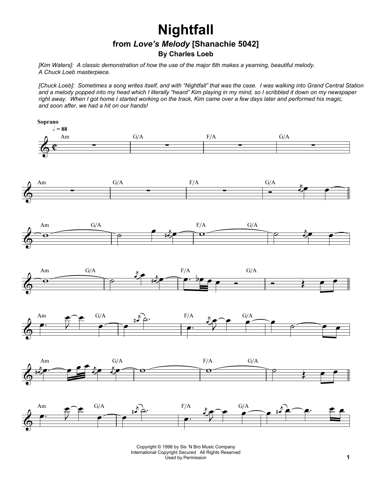 Kim Waters Nightfall sheet music notes and chords. Download Printable PDF.