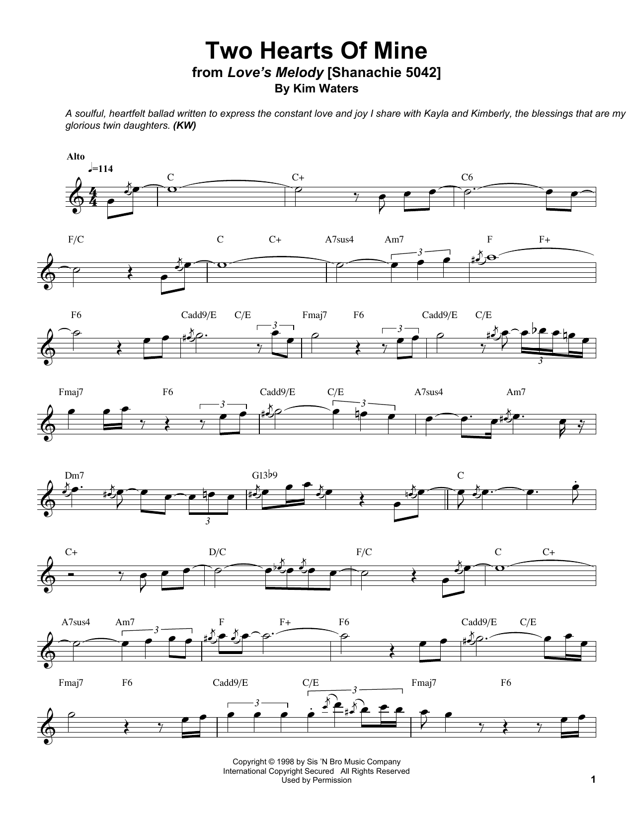 Learn to play Kim Waters Two Hearts Of Mine sheet music for Alto Sax Transcription in minutes. Price: 6.9900$ Kim Waters Two Hearts Of Mine sheet music notes and chords arranged for Alto Sax Transcription