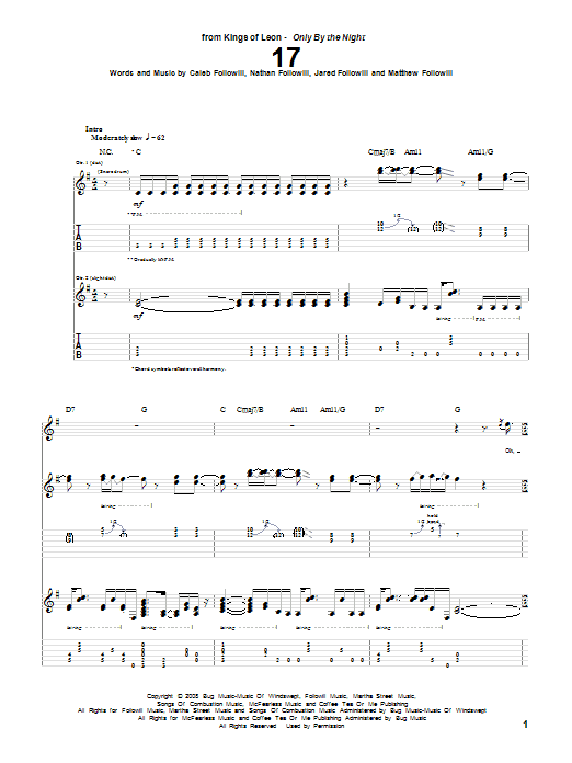 Kings Of Leon 17 sheet music notes and chords. Download Printable PDF.