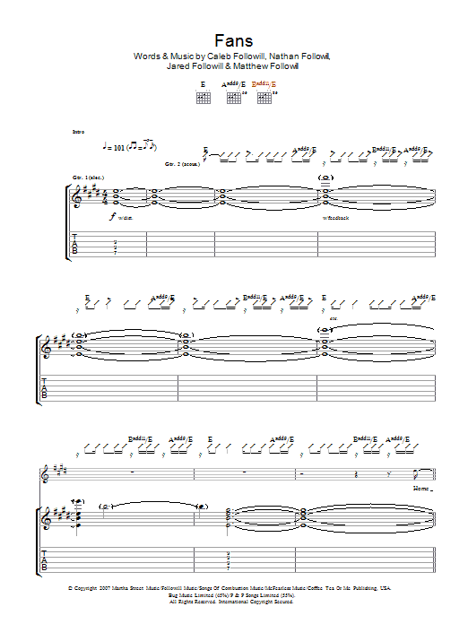 Kings Of Leon Fans sheet music notes and chords. Download Printable PDF.
