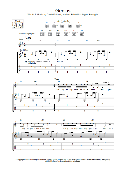 Kings Of Leon Genius sheet music notes and chords. Download Printable PDF.