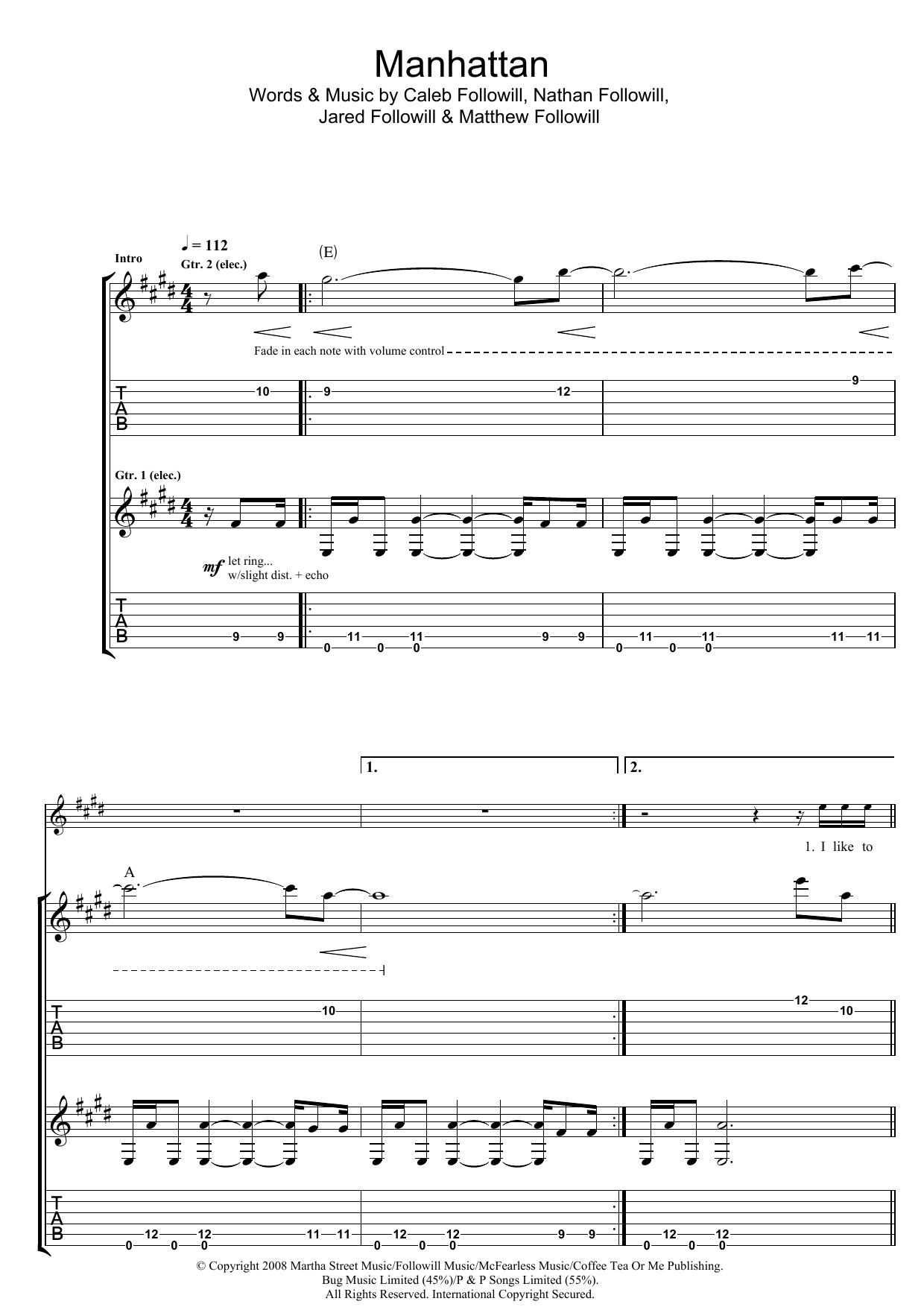 Kings Of Leon Manhattan sheet music notes and chords. Download Printable PDF.