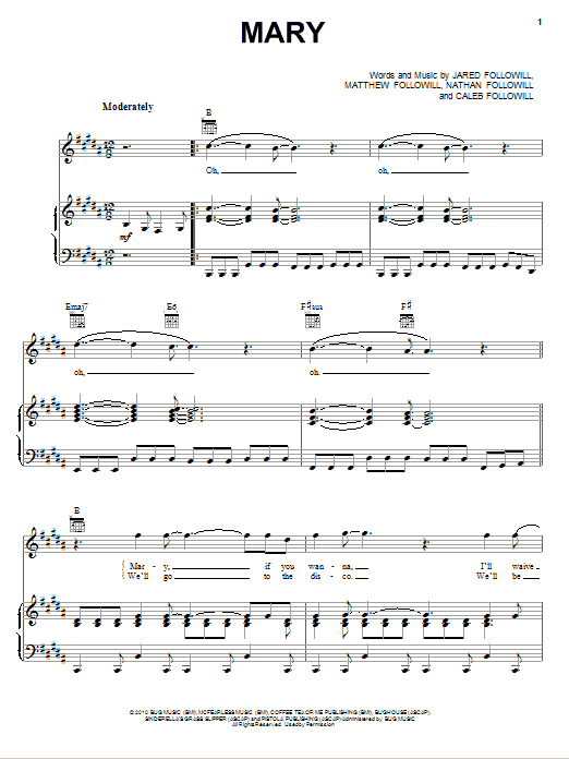 Kings Of Leon Mary sheet music notes and chords. Download Printable PDF.