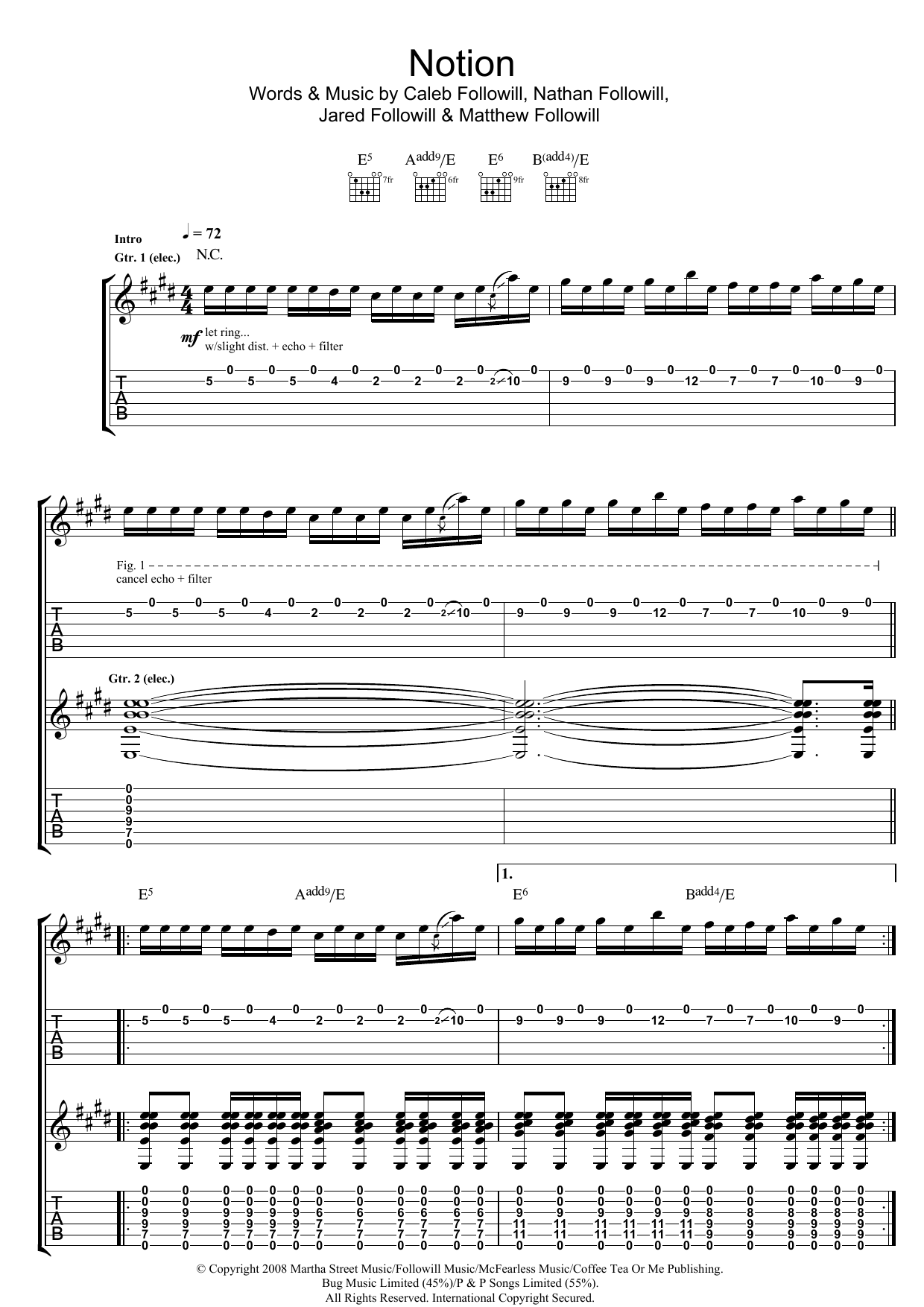 Kings Of Leon Notion sheet music notes and chords. Download Printable PDF.