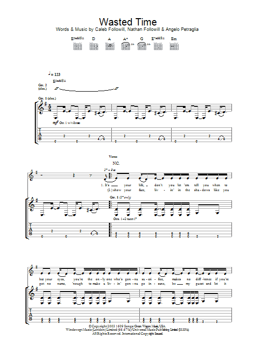 Kings Of Leon Wasted Time sheet music notes and chords. Download Printable PDF.