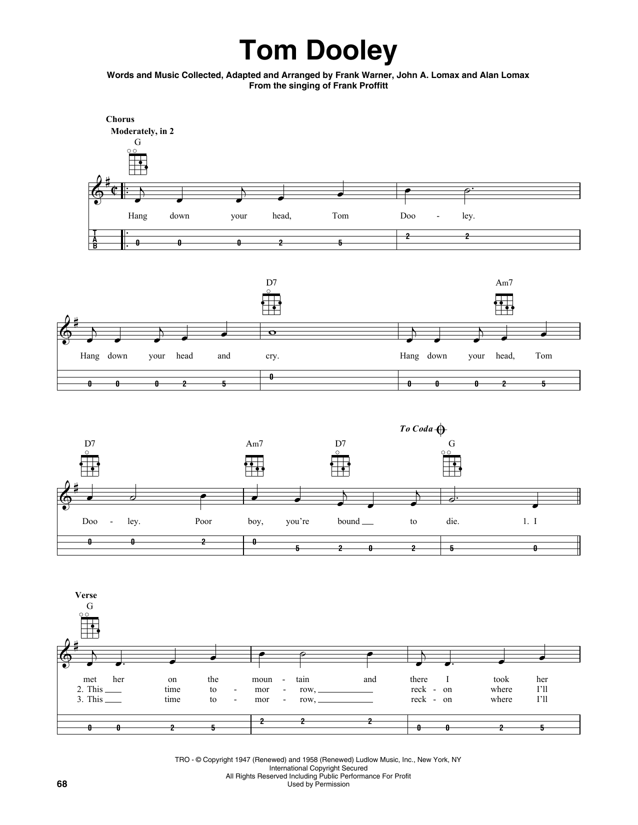 Kingston Trio Tom Dooley sheet music notes and chords. Download Printable PDF.