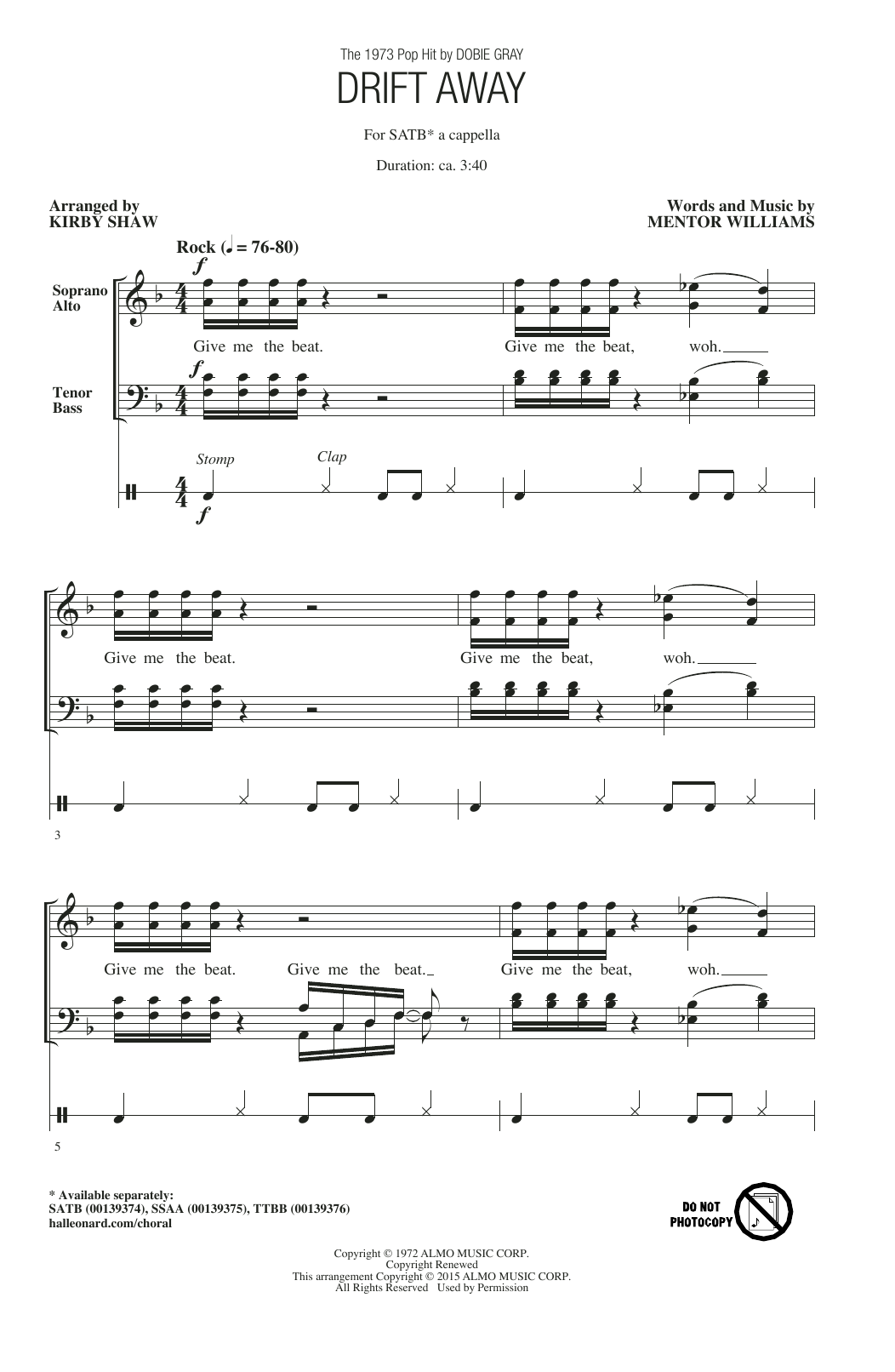 Kirby Shaw Drift Away sheet music notes and chords. Download Printable PDF.