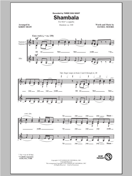 Kirby Shaw Shambala sheet music notes and chords. Download Printable PDF.