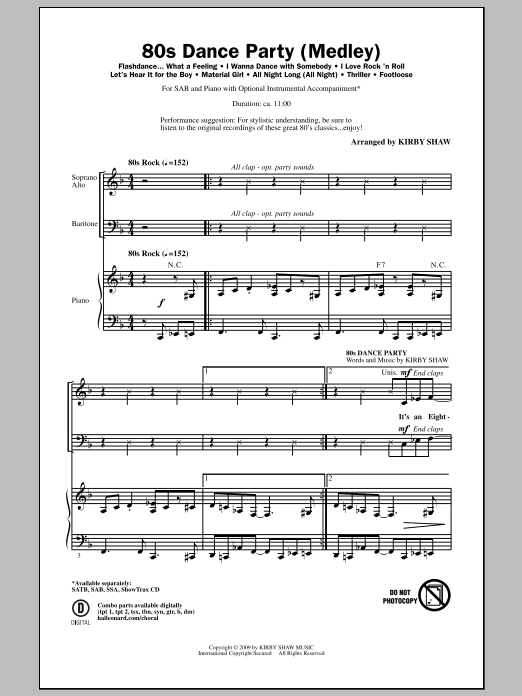 Learn to play Kirby Shaw 80s Dance Party (Medley) sheet music for SSA Choir in minutes. Price: 4.7900$ Kirby Shaw 80s Dance Party (Medley) sheet music notes and chords arranged for SSA Choir