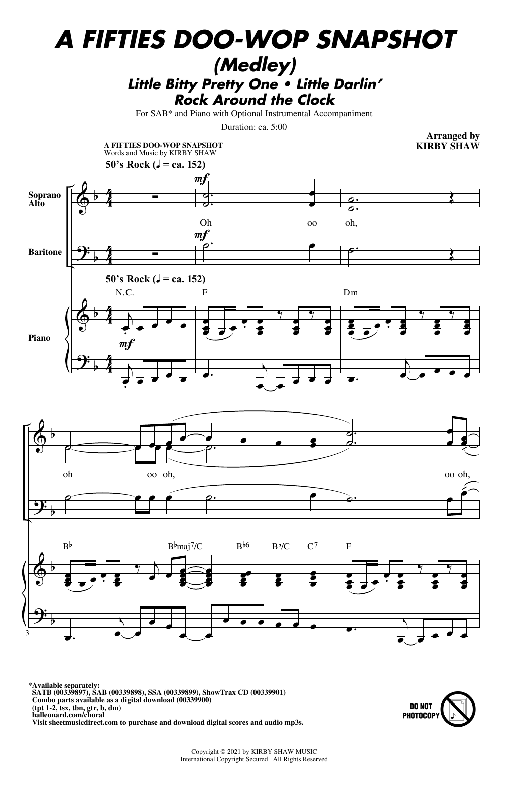 Learn to play Kirby Shaw A Fifties Doo-Wop Snapshot (Medley) sheet music for SSA Choir in minutes. Price: 3.9900$ Kirby Shaw A Fifties Doo-Wop Snapshot (Medley) sheet music notes and chords arranged for SSA Choir
