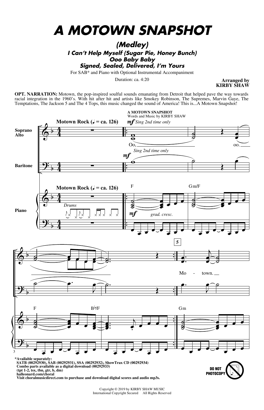 Learn to play Kirby Shaw A Motown Snapshot (Medley) sheet music for SSA Choir in minutes. Price: 3.9900$ Kirby Shaw A Motown Snapshot (Medley) sheet music notes and chords arranged for SSA Choir