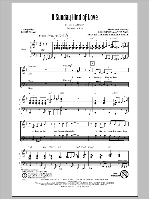 Learn to play Kirby Shaw A Sunday Kind Of Love sheet music for SAB Choir in minutes. Price: 3.9900$ Kirby Shaw A Sunday Kind Of Love sheet music notes and chords arranged for SAB Choir