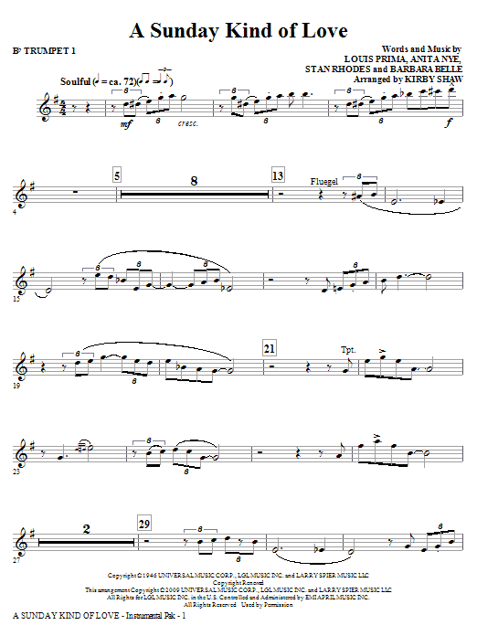 Learn to play Kirby Shaw A Sunday Kind of Love - Bb Trumpet 1 sheet music for Choir Instrumental Pak in minutes. Price: 8.9900$ Kirby Shaw A Sunday Kind of Love - Bb Trumpet 1 sheet music notes and chords arranged for Choir Instrumental Pak