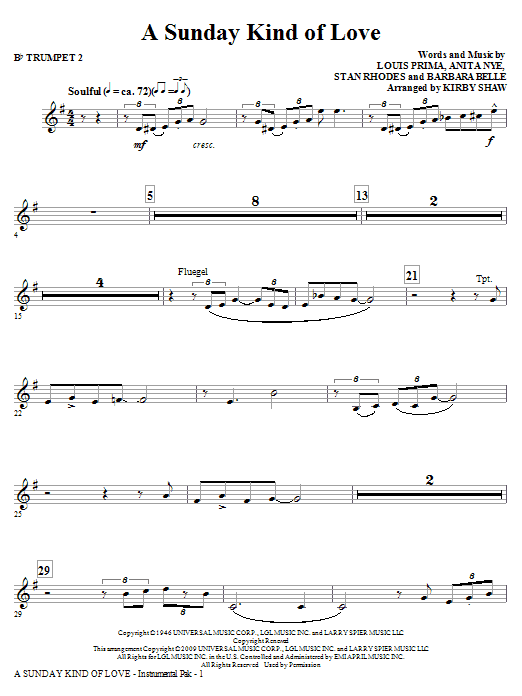 Learn to play Kirby Shaw A Sunday Kind of Love - Bb Trumpet 2 sheet music for Choir Instrumental Pak in minutes. Price: 8.9900$ Kirby Shaw A Sunday Kind of Love - Bb Trumpet 2 sheet music notes and chords arranged for Choir Instrumental Pak