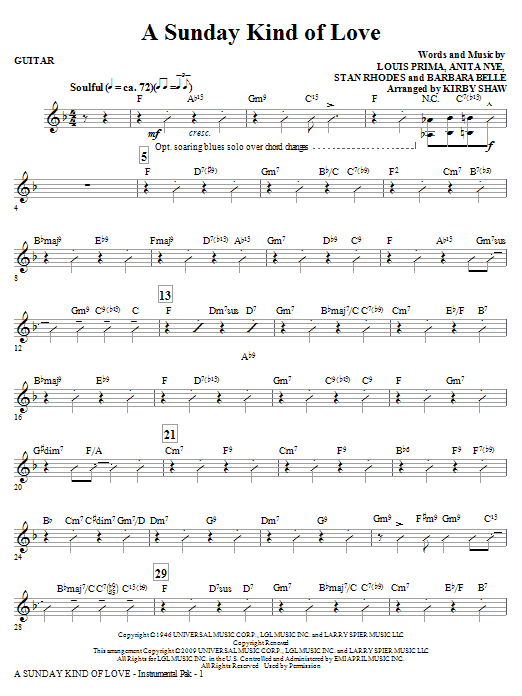 Learn to play Kirby Shaw A Sunday Kind of Love - Guitar sheet music for Choir Instrumental Pak in minutes. Price: 8.9900$ Kirby Shaw A Sunday Kind of Love - Guitar sheet music notes and chords arranged for Choir Instrumental Pak