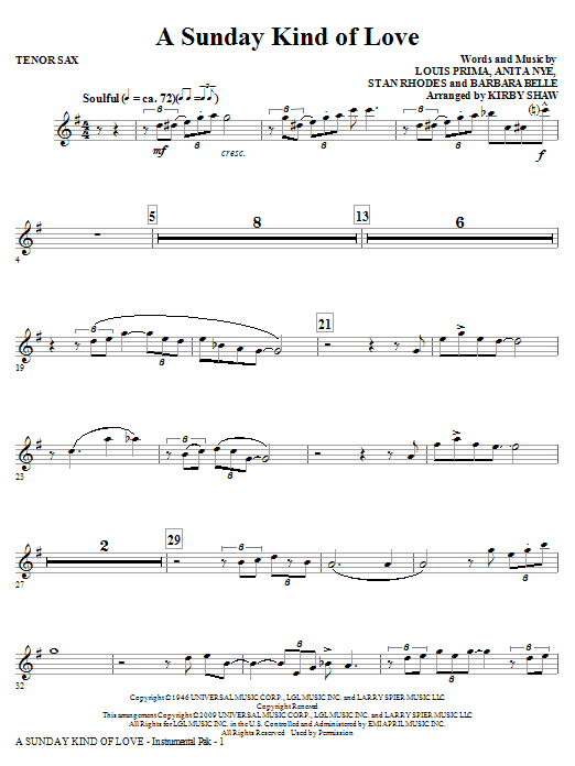 Learn to play Kirby Shaw A Sunday Kind of Love - Tenor Sax sheet music for Choir Instrumental Pak in minutes. Price: 8.9900$ Kirby Shaw A Sunday Kind of Love - Tenor Sax sheet music notes and chords arranged for Choir Instrumental Pak