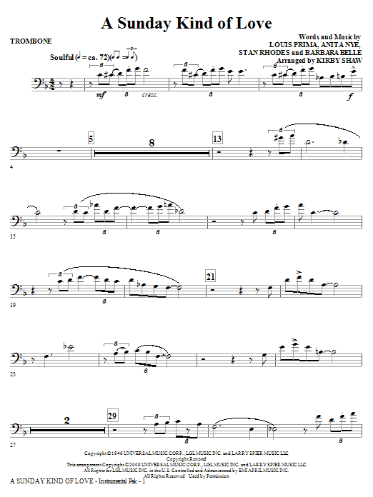 Learn to play Kirby Shaw A Sunday Kind of Love - Trombone sheet music for Choir Instrumental Pak in minutes. Price: 8.9900$ Kirby Shaw A Sunday Kind of Love - Trombone sheet music notes and chords arranged for Choir Instrumental Pak