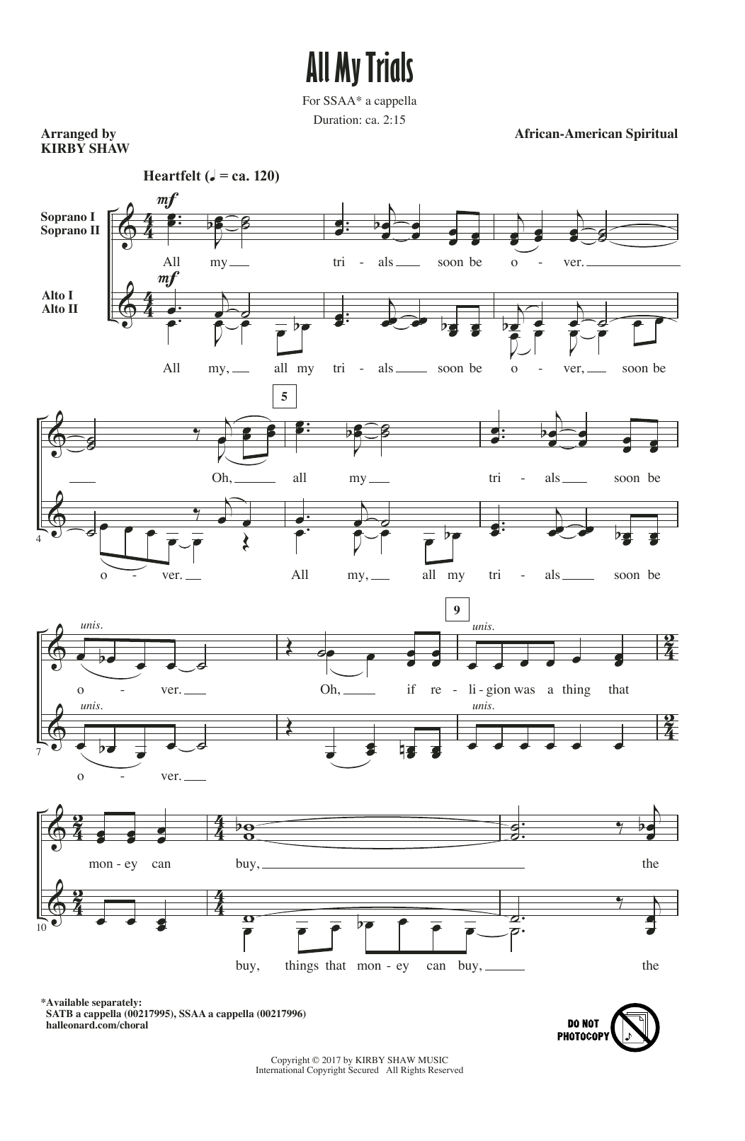 Kirby Shaw All My Trials sheet music notes and chords. Download Printable PDF.