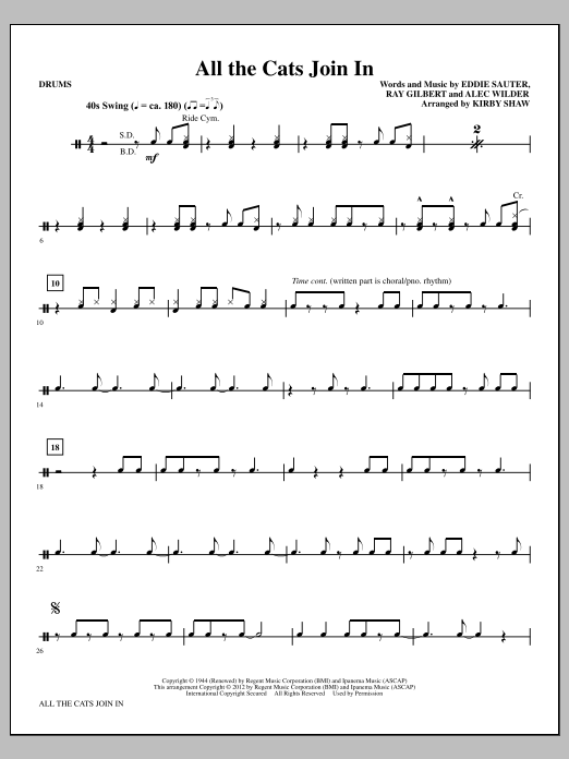 Learn to play Kirby Shaw All The Cats Join In - Drums sheet music for Choir Instrumental Pak in minutes. Price: 8.9900$ Kirby Shaw All The Cats Join In - Drums sheet music notes and chords arranged for Choir Instrumental Pak