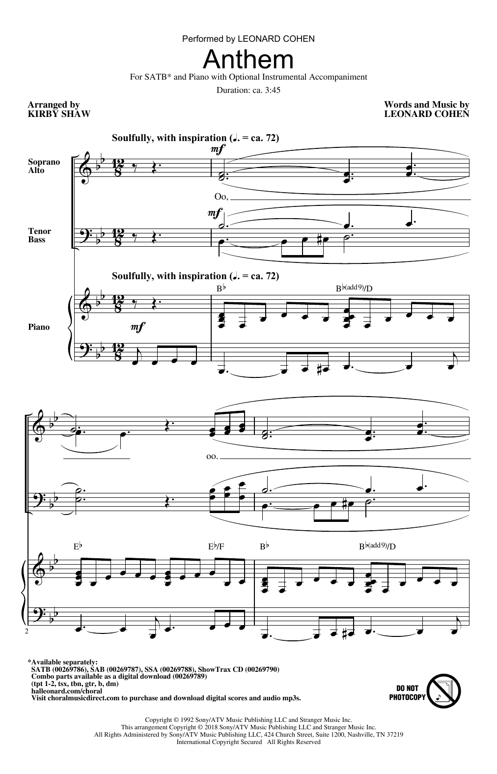 Leonard Cohen Anthem (arr. Kirby Shaw) sheet music notes and chords. Download Printable PDF.