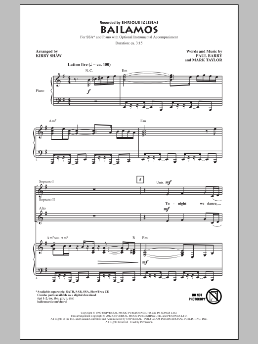 Enrique Iglesias Bailamos (arr. Kirby Shaw) sheet music notes and chords. Download Printable PDF.