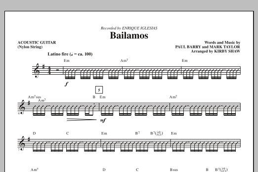 Learn to play Kirby Shaw Bailamos - Acoustic Guitar (Nylon String) sheet music for Choir Instrumental Pak in minutes. Price: 8.9900$ Kirby Shaw Bailamos - Acoustic Guitar (Nylon String) sheet music notes and chords arranged for Choir Instrumental Pak
