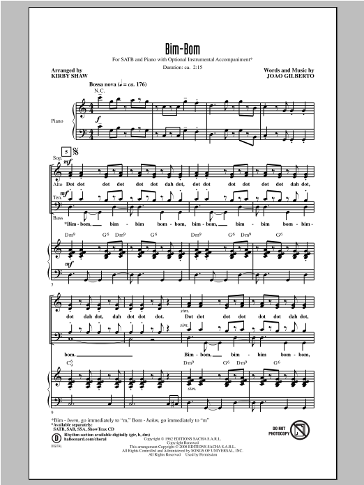 Joao Gilberto Bim-Bom (arr. Kirby Shaw) sheet music notes and chords. Download Printable PDF.