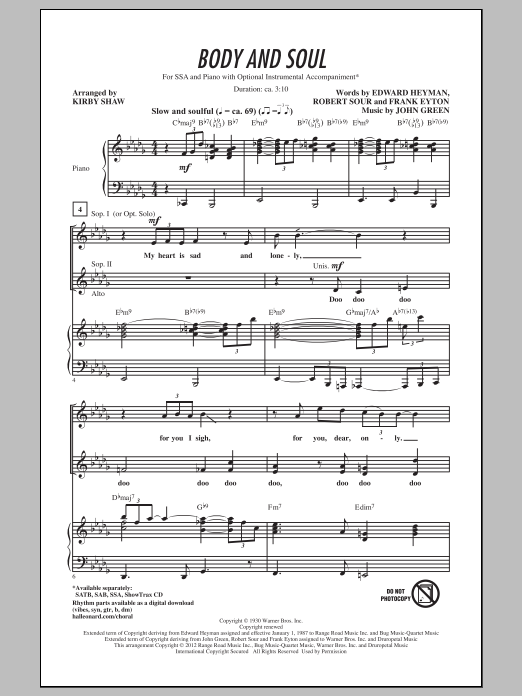 Tony Bennett Body And Soul (arr. Kirby Shaw) sheet music notes and chords. Download Printable PDF.