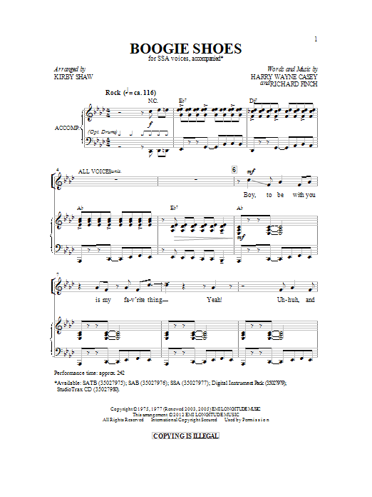 KC & The Sunshine Band Boogie Shoes (arr. Kirby Shaw) sheet music notes and chords. Download Printable PDF.