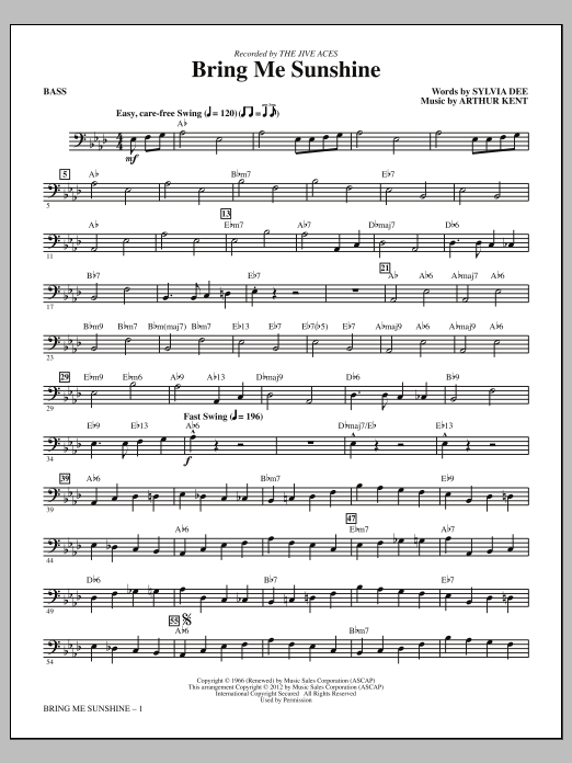 Learn to play Kirby Shaw Bring Me Sunshine - Bass sheet music for Choir Instrumental Pak in minutes. Price: 8.9900$ Kirby Shaw Bring Me Sunshine - Bass sheet music notes and chords arranged for Choir Instrumental Pak