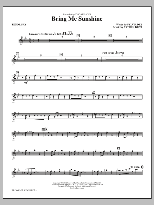 Learn to play Kirby Shaw Bring Me Sunshine - Bb Tenor Saxophone sheet music for Choir Instrumental Pak in minutes. Price: 8.9900$ Kirby Shaw Bring Me Sunshine - Bb Tenor Saxophone sheet music notes and chords arranged for Choir Instrumental Pak