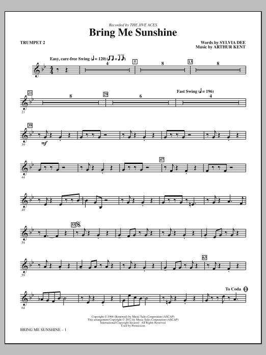 Learn to play Kirby Shaw Bring Me Sunshine - Bb Trumpet 2 sheet music for Choir Instrumental Pak in minutes. Price: 8.9900$ Kirby Shaw Bring Me Sunshine - Bb Trumpet 2 sheet music notes and chords arranged for Choir Instrumental Pak