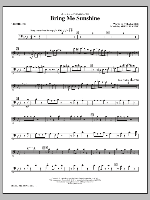 Learn to play Kirby Shaw Bring Me Sunshine - Trombone sheet music for Choir Instrumental Pak in minutes. Price: 8.9900$ Kirby Shaw Bring Me Sunshine - Trombone sheet music notes and chords arranged for Choir Instrumental Pak