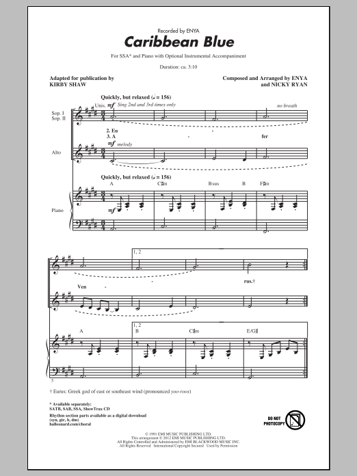 Enya Caribbean Blue (arr. Kirby Shaw) sheet music notes and chords. Download Printable PDF.