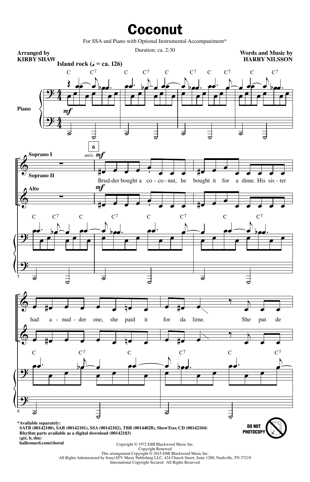 Harry Nilsson Coconut (arr. Kirby Shaw) sheet music notes and chords. Download Printable PDF.