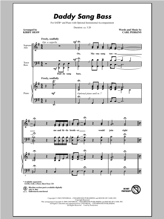 Johnny Cash Daddy Sang Bass (arr. Kirby Shaw) sheet music notes and chords. Download Printable PDF.