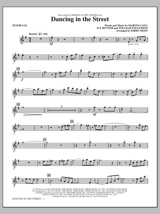 Learn to play Kirby Shaw Dancing In The Street - Bb Tenor Saxophone sheet music for Choir Instrumental Pak in minutes. Price: 8.9900$ Kirby Shaw Dancing In The Street - Bb Tenor Saxophone sheet music notes and chords arranged for Choir Instrumental Pak