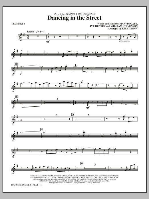 Learn to play Kirby Shaw Dancing In The Street - Bb Trumpet 1 sheet music for Choir Instrumental Pak in minutes. Price: 8.9900$ Kirby Shaw Dancing In The Street - Bb Trumpet 1 sheet music notes and chords arranged for Choir Instrumental Pak