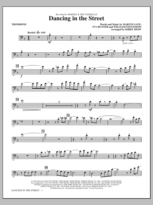 Learn to play Kirby Shaw Dancing In The Street - Trombone sheet music for Choir Instrumental Pak in minutes. Price: 8.9900$ Kirby Shaw Dancing In The Street - Trombone sheet music notes and chords arranged for Choir Instrumental Pak