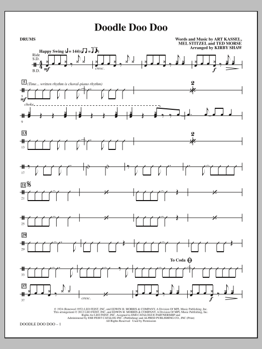 Learn to play Kirby Shaw Doodle Doo Doo - Drums sheet music for Choir Instrumental Pak in minutes. Price: 8.9900$ Kirby Shaw Doodle Doo Doo - Drums sheet music notes and chords arranged for Choir Instrumental Pak