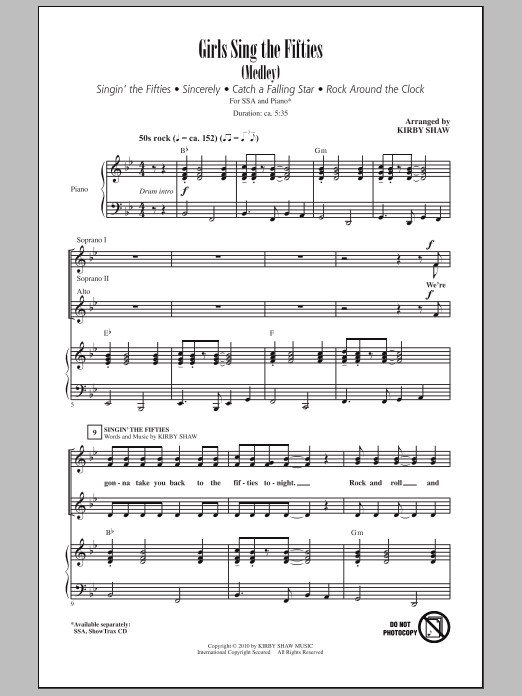 Learn to play Kirby Shaw Girls Sing The Fifties (Medley) sheet music for SSA Choir in minutes. Price: 3.9900$ Kirby Shaw Girls Sing The Fifties (Medley) sheet music notes and chords arranged for SSA Choir