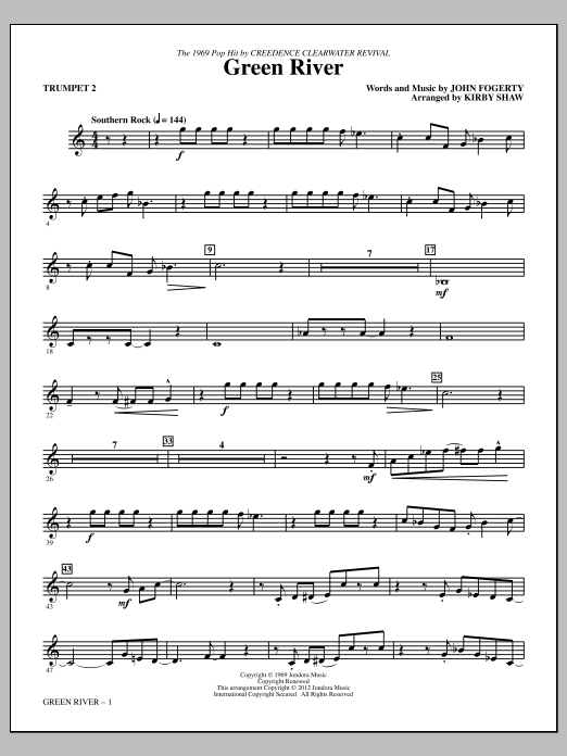 Learn to play Kirby Shaw Green River - Trumpet 2 sheet music for Choir Instrumental Pak in minutes. Price: 8.9900$ Kirby Shaw Green River - Trumpet 2 sheet music notes and chords arranged for Choir Instrumental Pak