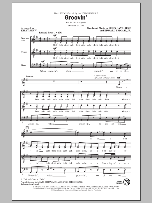 The Young Rascals Groovin' (arr. Kirby Shaw) sheet music notes and chords. Download Printable PDF.