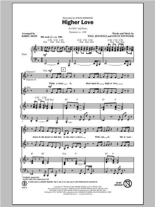 Steve Winwood Higher Love (arr. Kirby Shaw) sheet music notes and chords. Download Printable PDF.